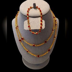 Vintage Necklace & Bracelet Set Gold With Red Stones